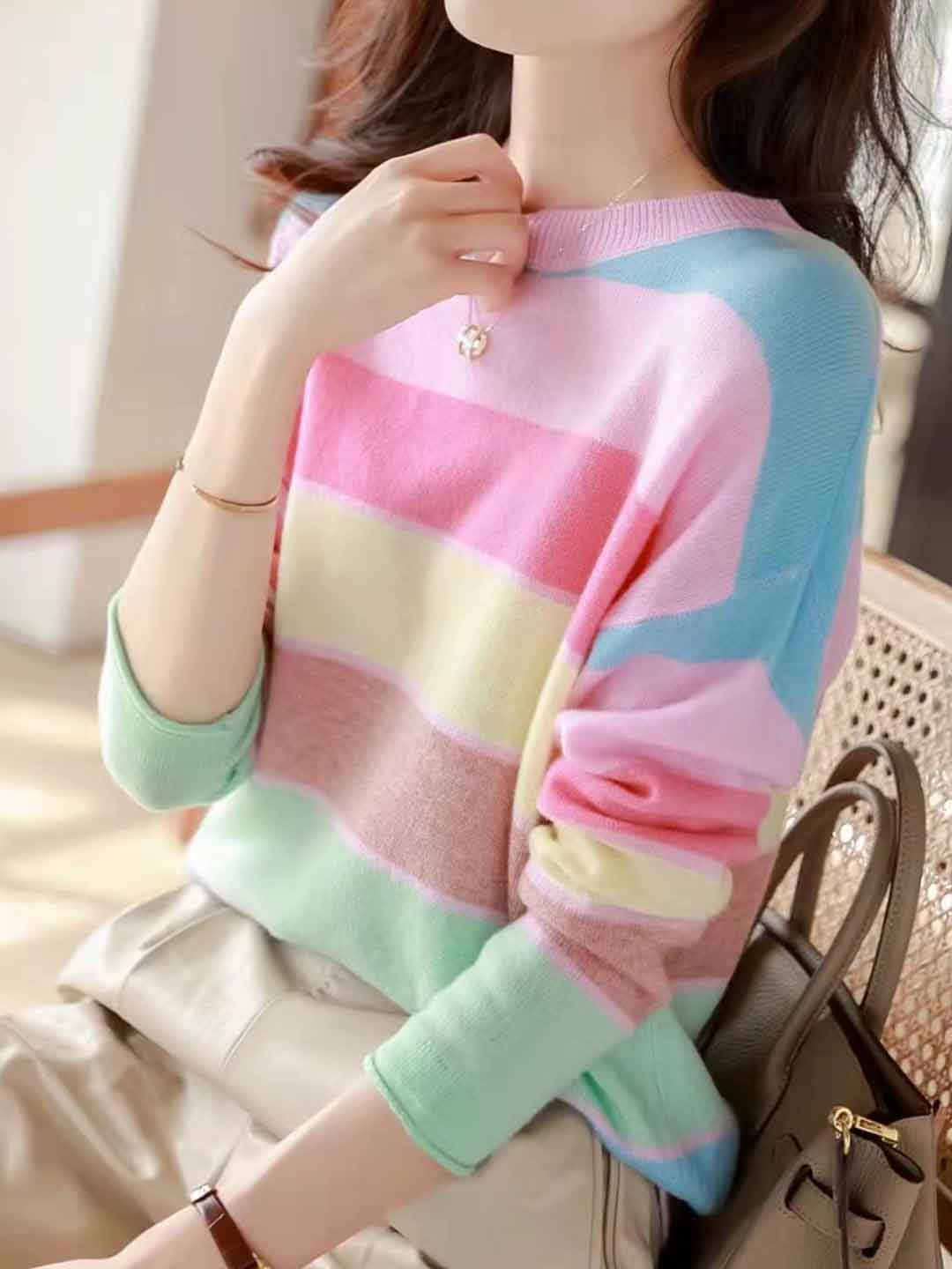 Zoey Loose Crew Neck Striped Pullover Knitted Sweater