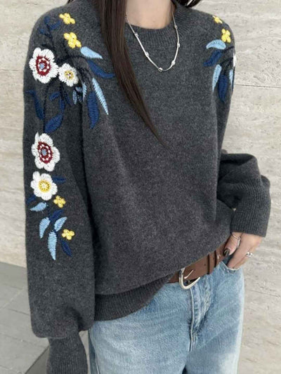 Andrea Casual Crew Neck Flower Embroidered Knitted Sweater