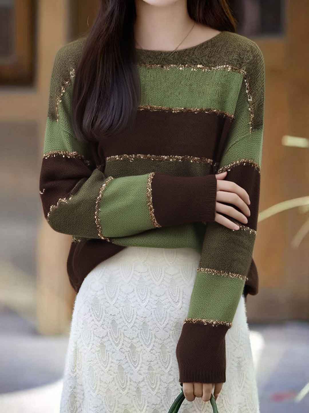 Molly Loose Crew Neck Contrastted Knitted Sweater