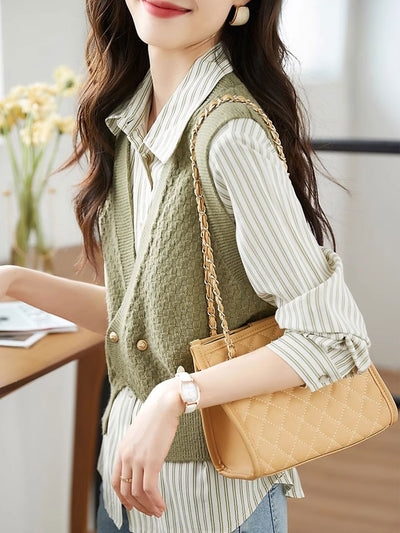 Jessica Elegant Striped Shirt With Knitted Vest Set