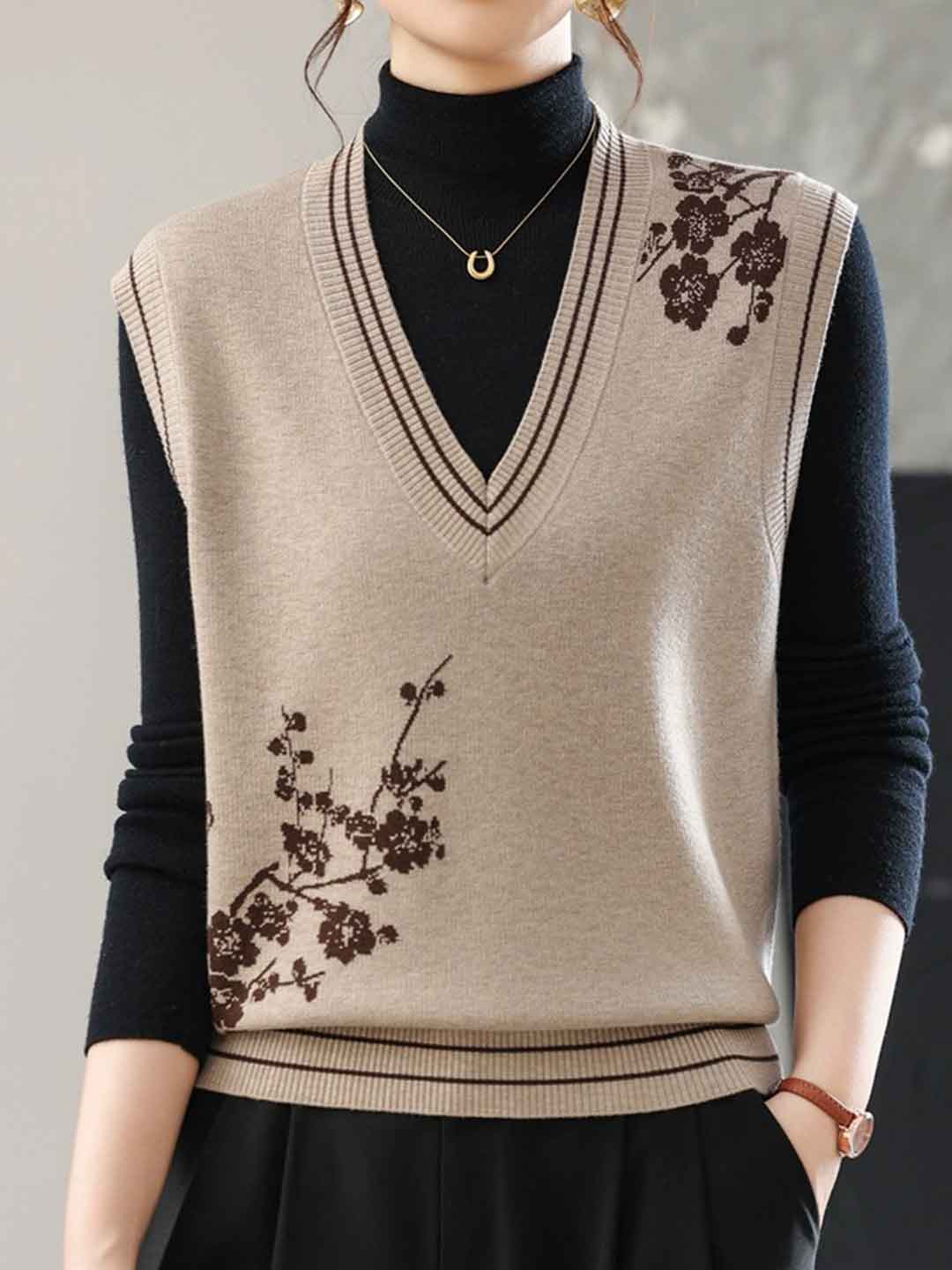 Ashley Casual V-Neck Printed Knitted Vest