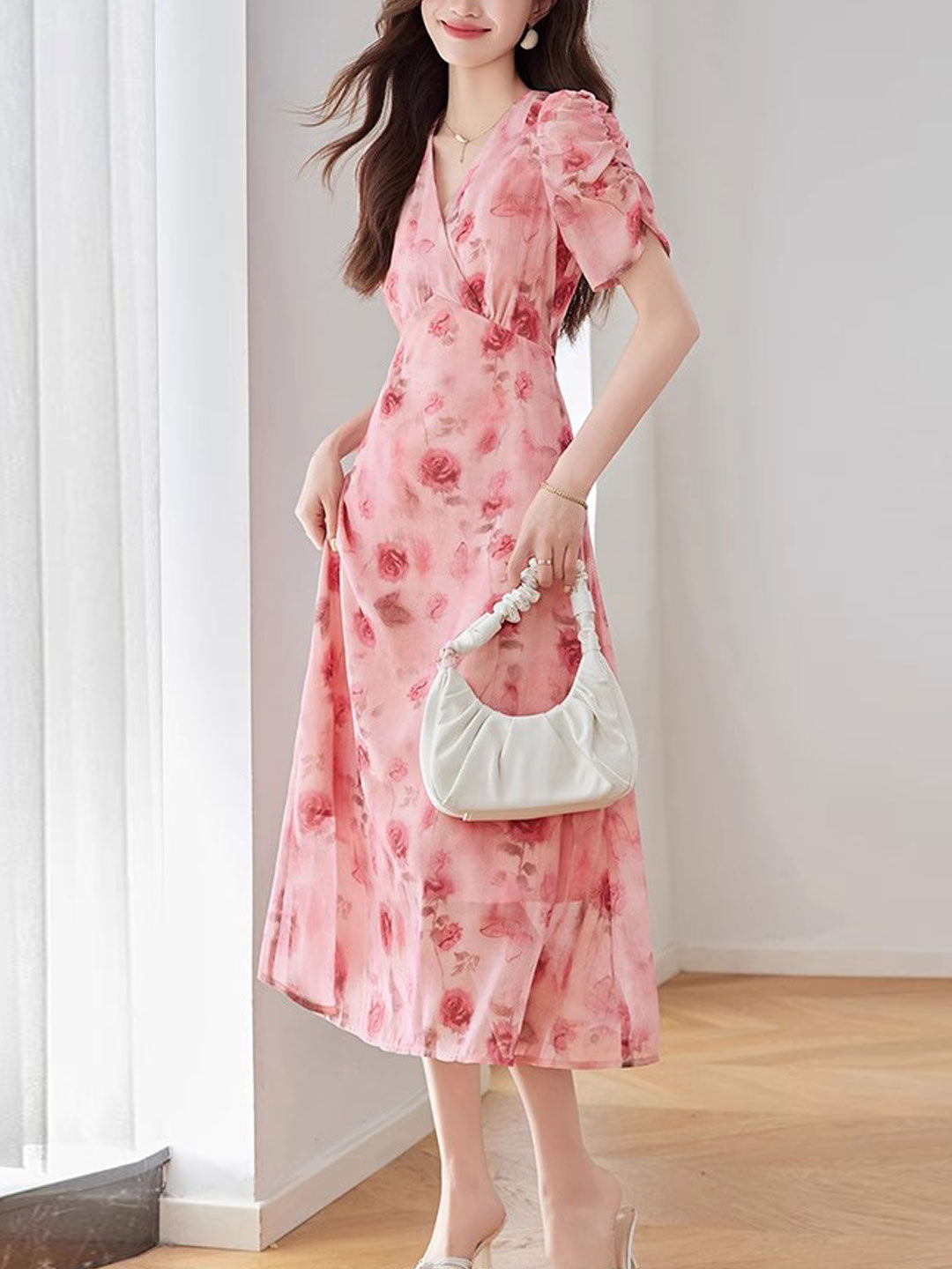 Kaitlyn Elegant V-Neck Printed Tie Dress