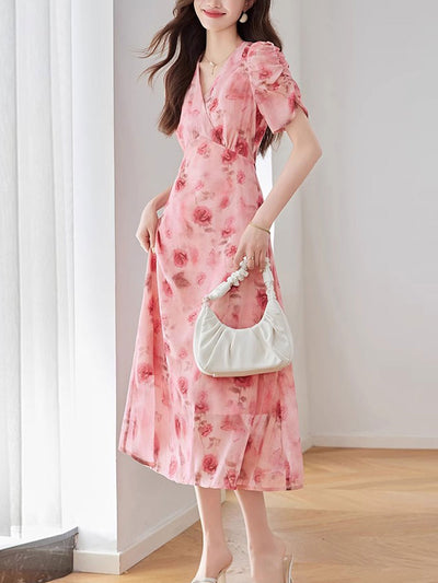 Kaitlyn Elegant V-Neck Printed Tie Dress