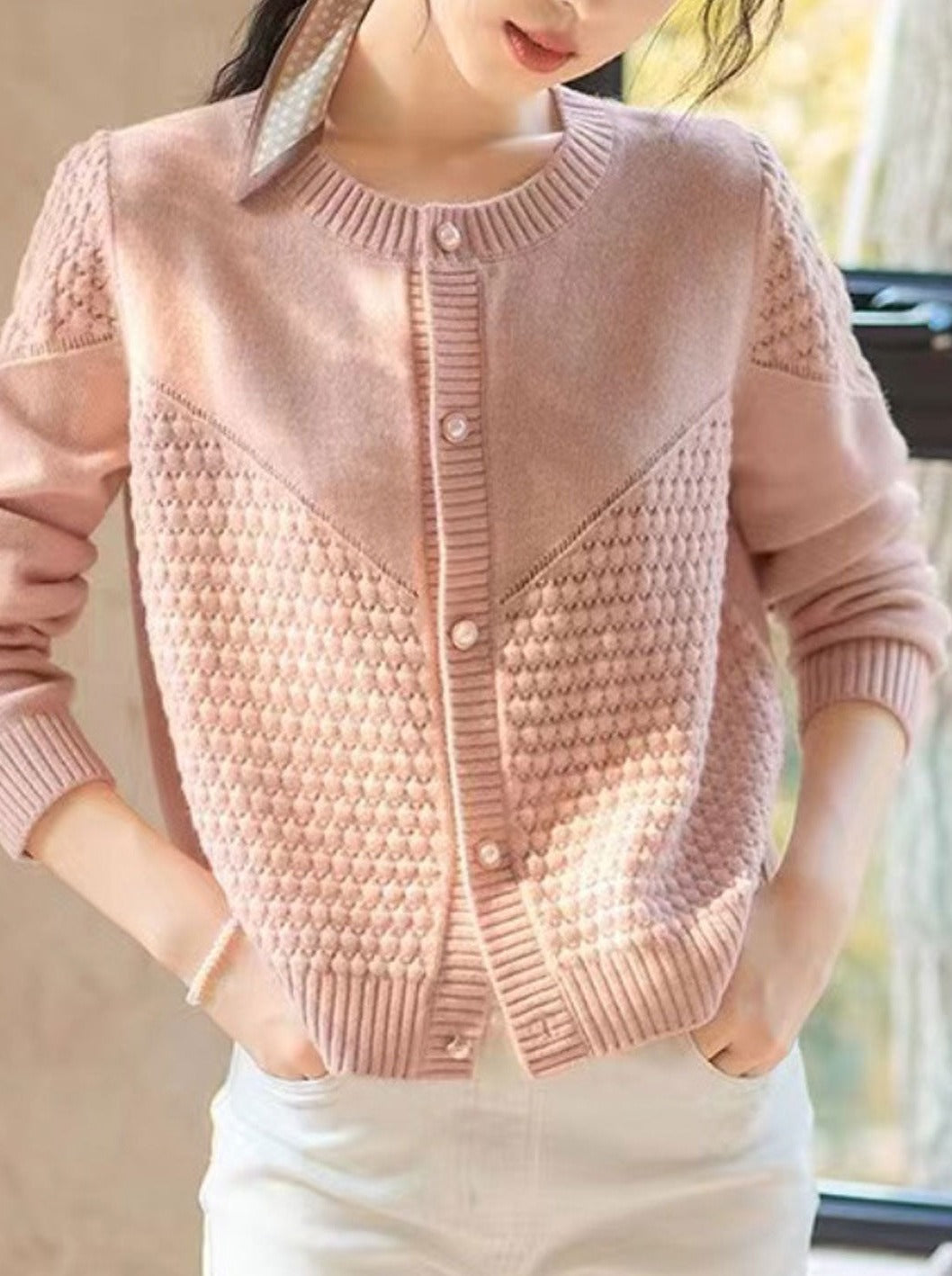 Sophia Loose Crew Neck Knitted Sweater Cardigan-Pink