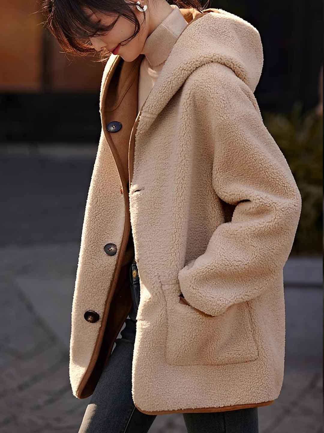 Isabella Casual Fleece Hooded Reversible Coat