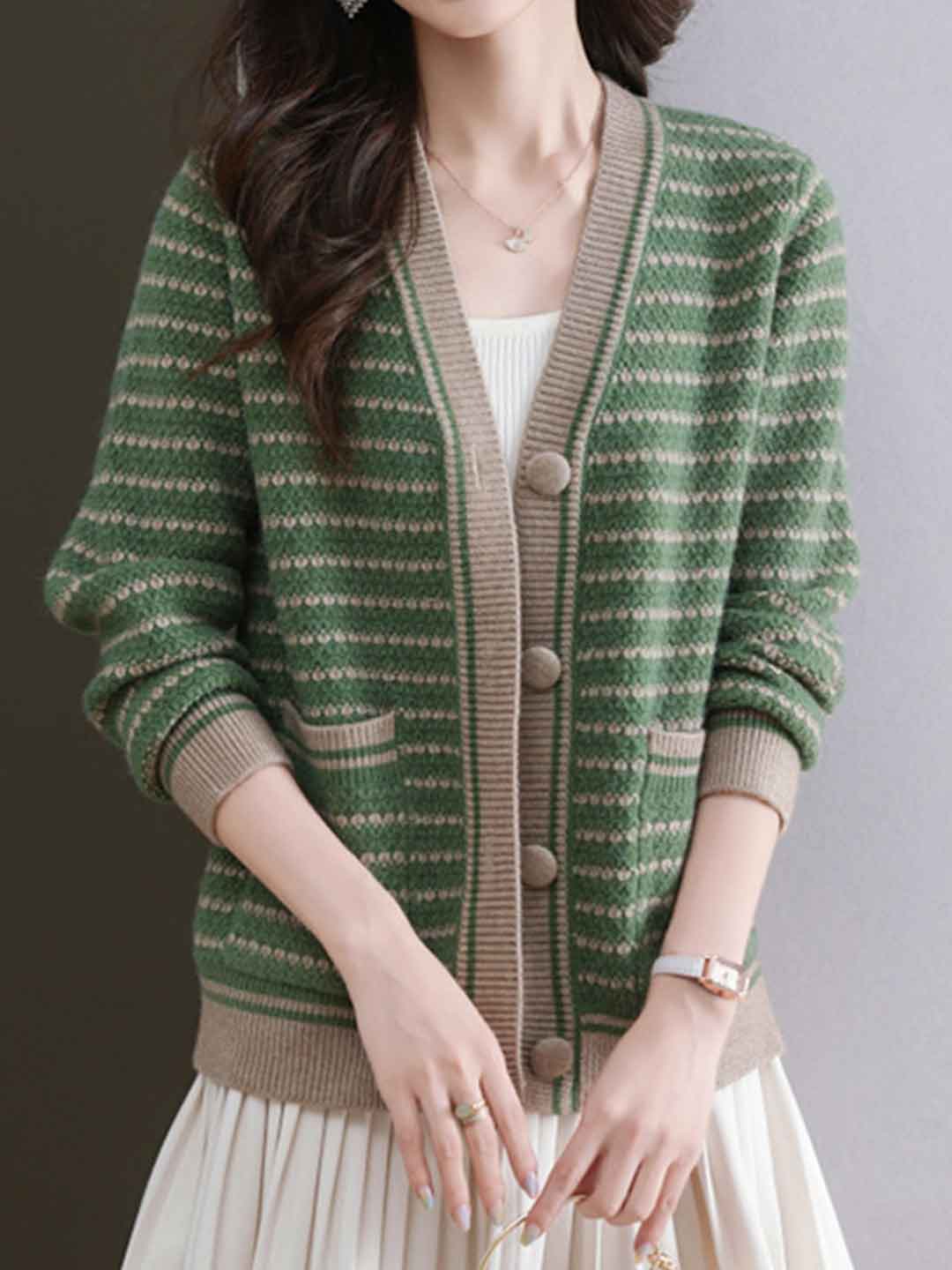 Aaliyah Casual Crew Neck Striped Knitted Cardigan