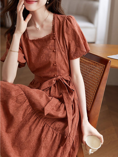 Sarah Retro Square Neck Puff Sleeve Dress