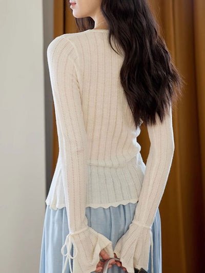 Zoe Slim V-Neck Flare Sleeve Pearl Hollowed Knitted Cardigan