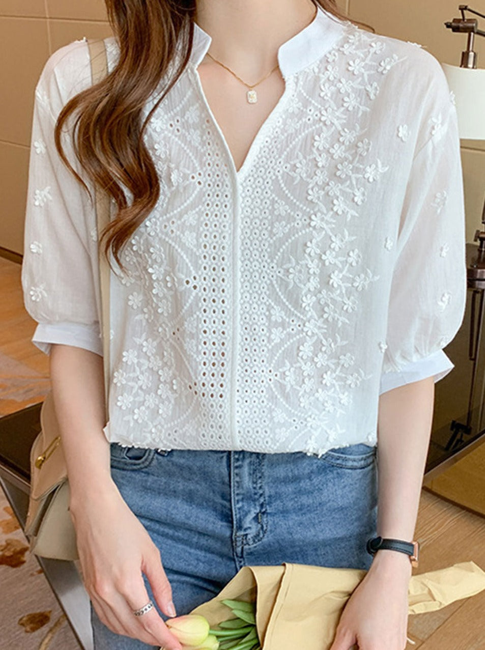 Alexa Embroidered Jacquard Lace Shirt