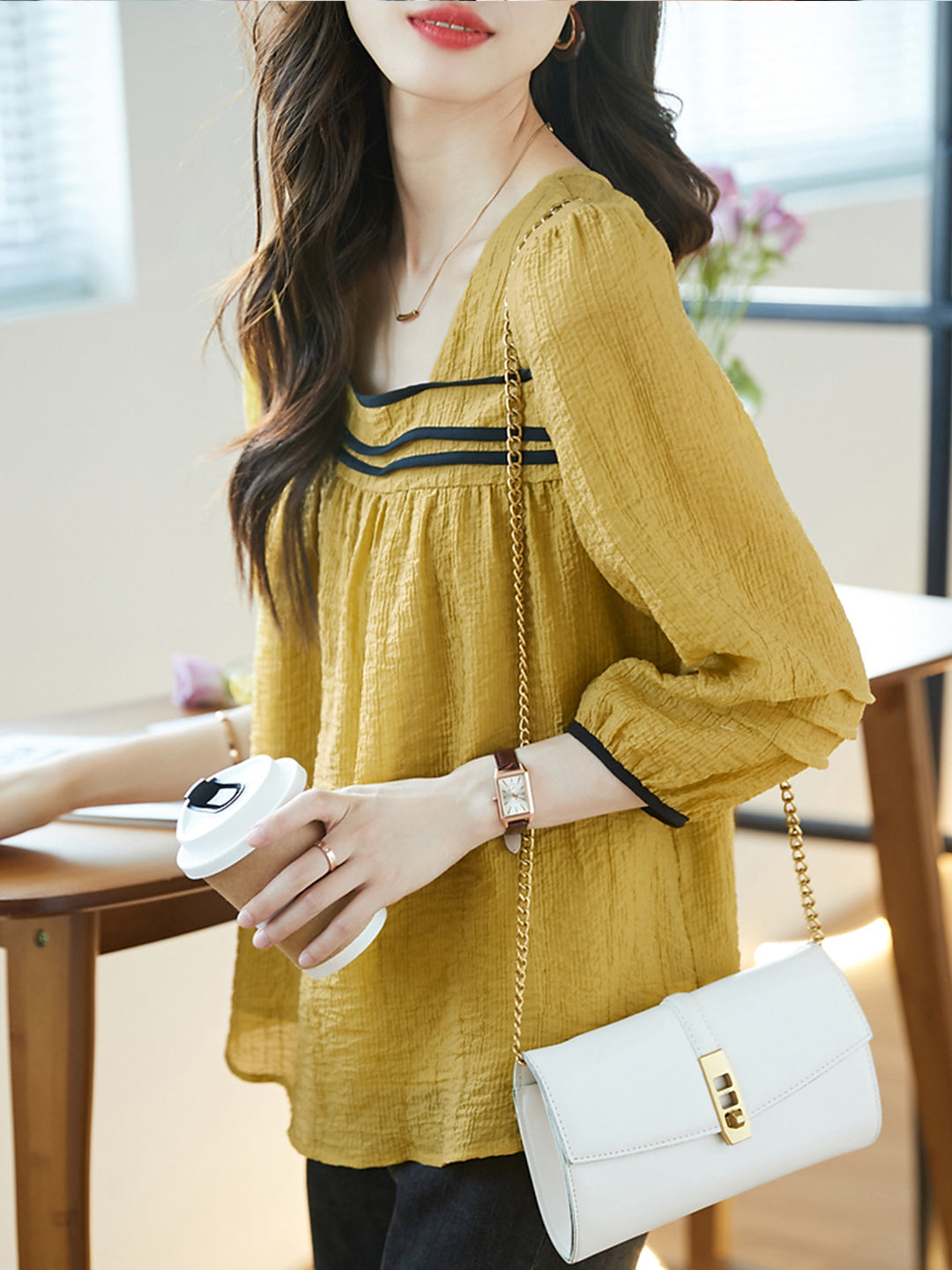 Bella Classic Back Hollowed Blouse-Khaki