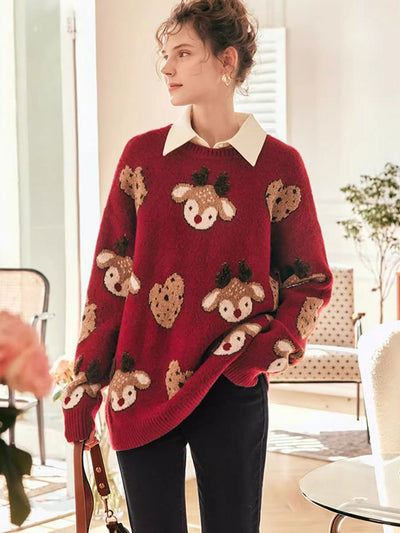 Anna Retro Crew Neck Elk Jacquard Knitted Sweater