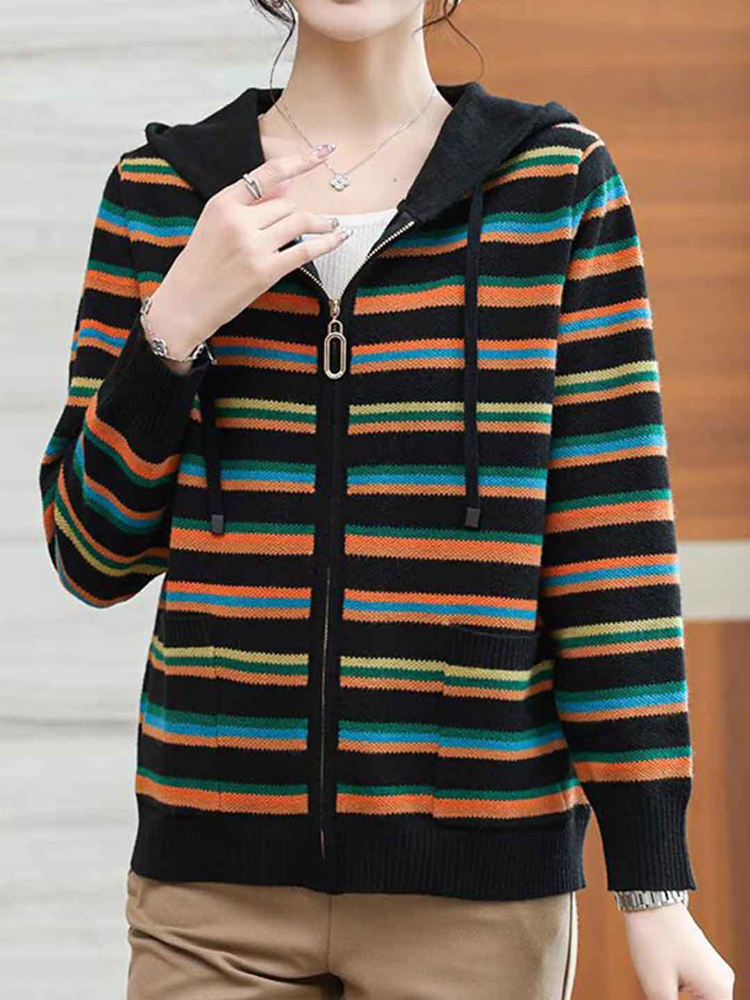 Emily Loose Hooded Contrasted Striped Knitted Coat
