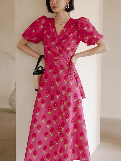 Hannah Retro V-Neck Floral Printed Dress