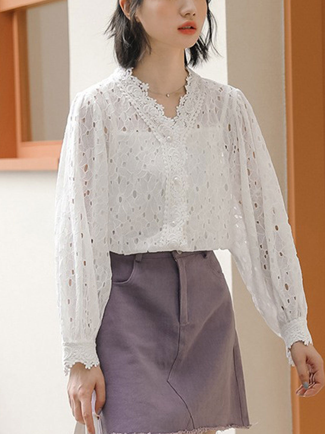 Vanessa Classic Hollowed Pearl Button Lace Blouse
