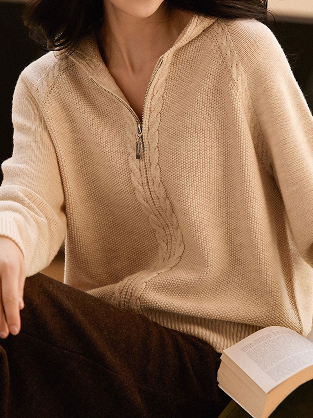 Ava Loose Double Zipper Hooded Knitted Cardigan