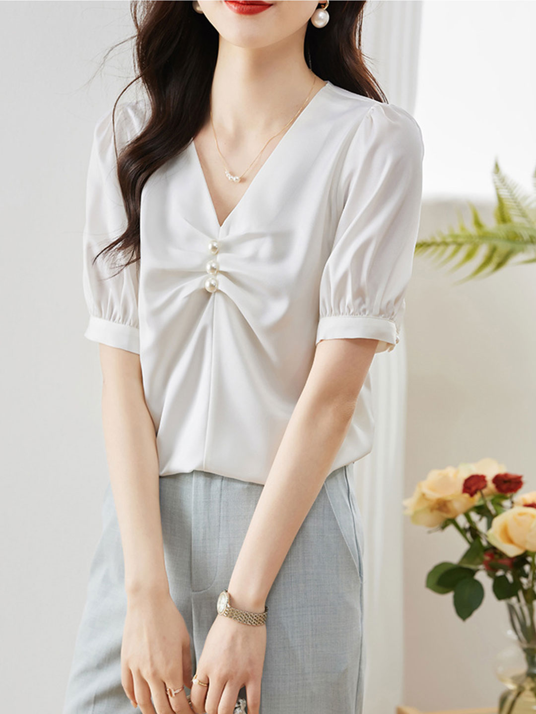 Bella Elegant Beaded Pleated Satin Shirt