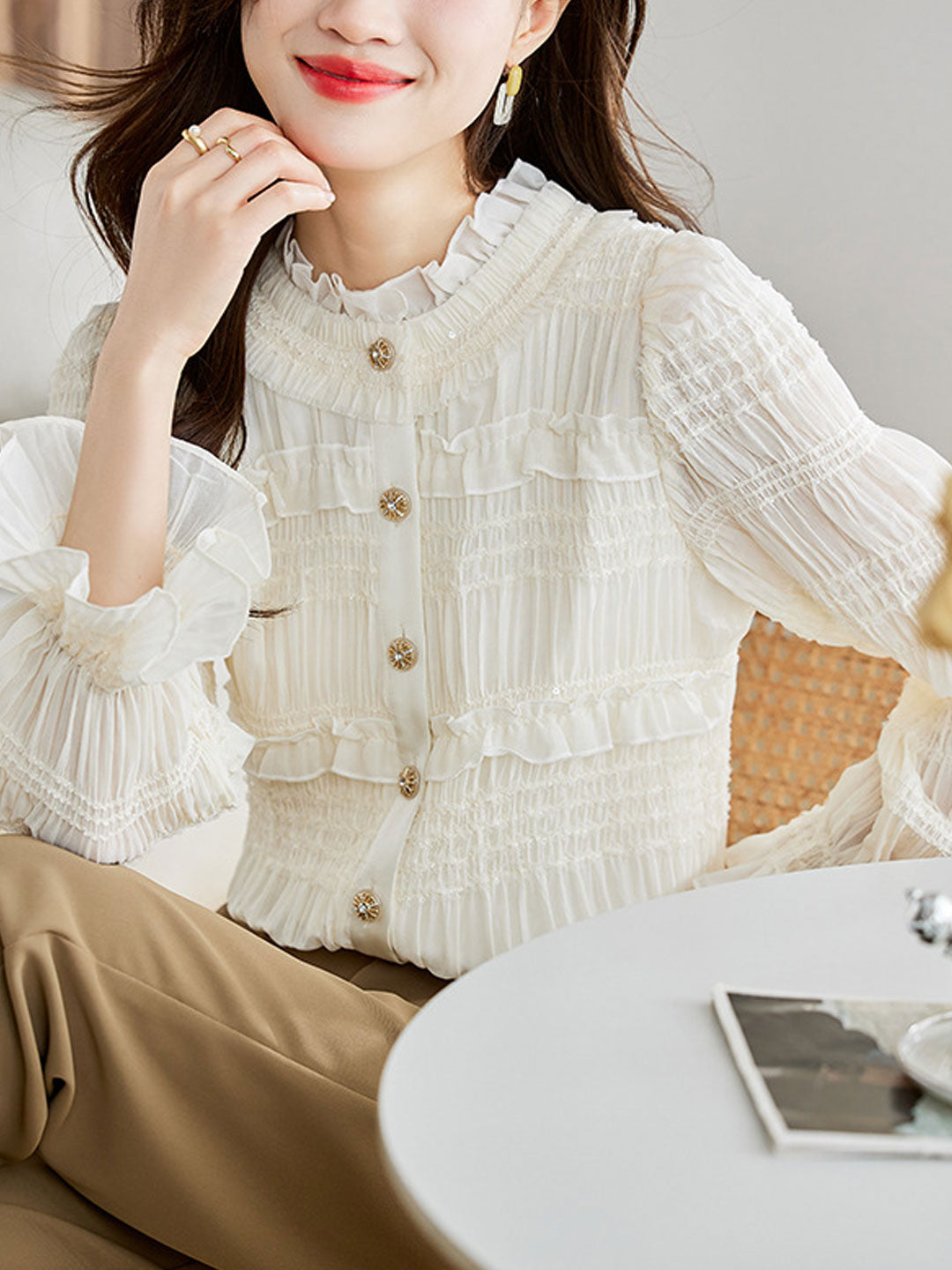 Claire Retro Auricular Jacquard Flare Sleeve Shirt