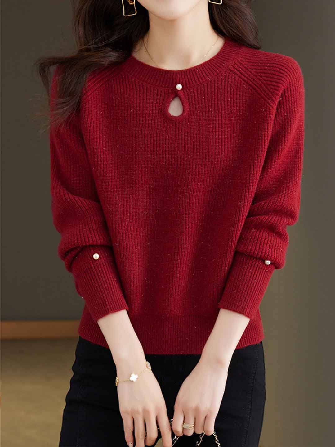 Sophie Classic Crew Neck Hollowed Solid Color Knitted Sweater