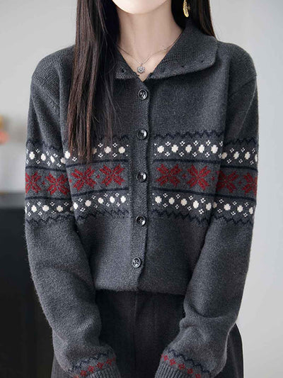 Natalie Retro Turtleneck Jacquard Knitted Cardigan