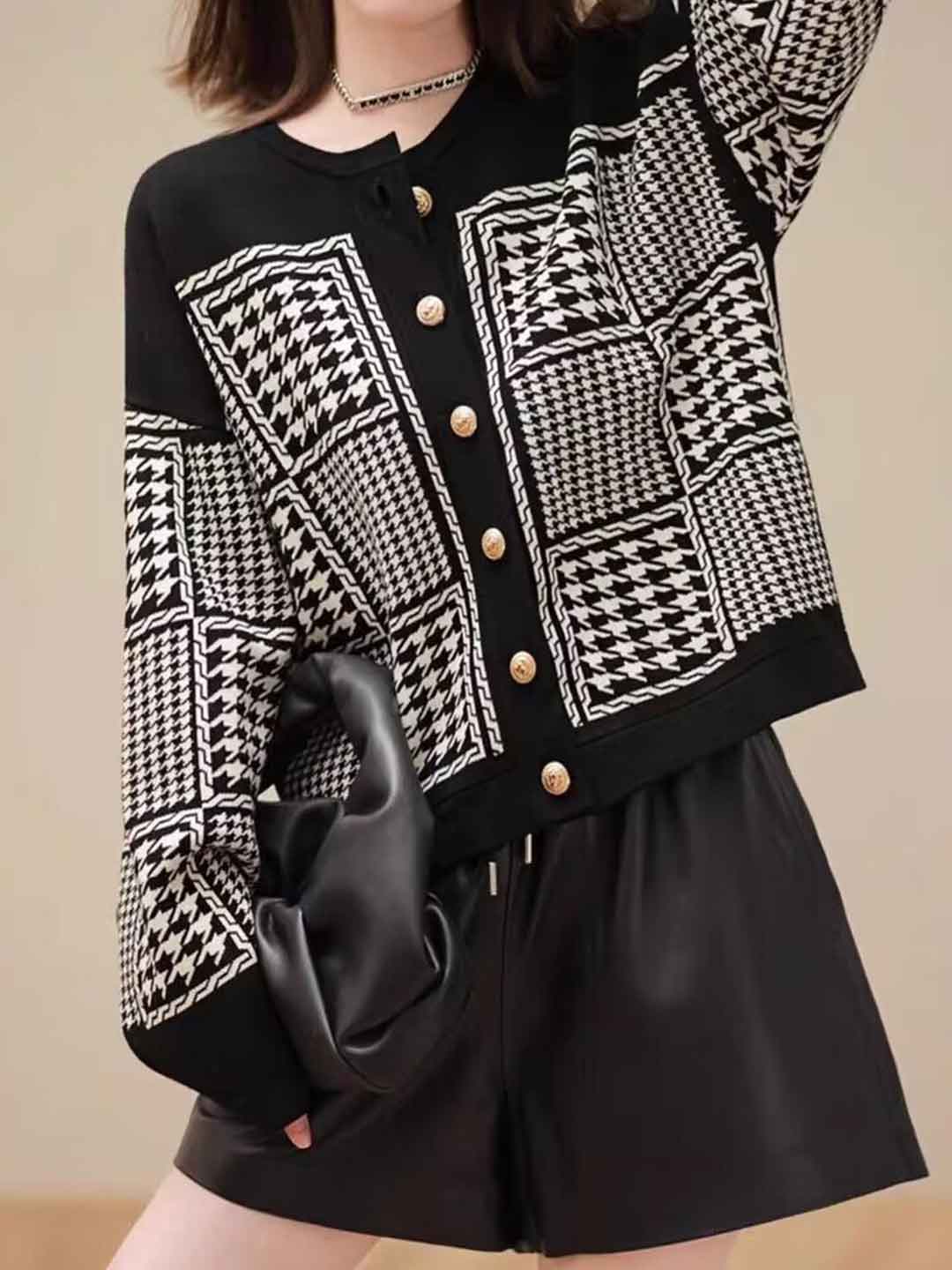 Mia Vintage Crew Neck Houndstooth Knitted Cardigan