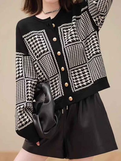 Mia Vintage Crew Neck Houndstooth Knitted Cardigan