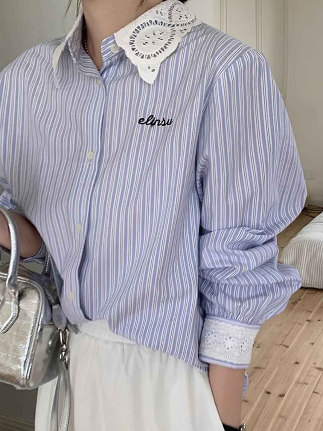 Camila Loose Striped Print Embroidered Shirt