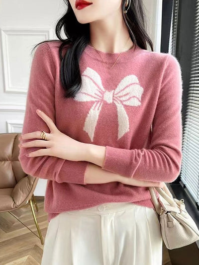 Charlotte Loose Crew Neck Bow Jacquard Knitted Top-Pink