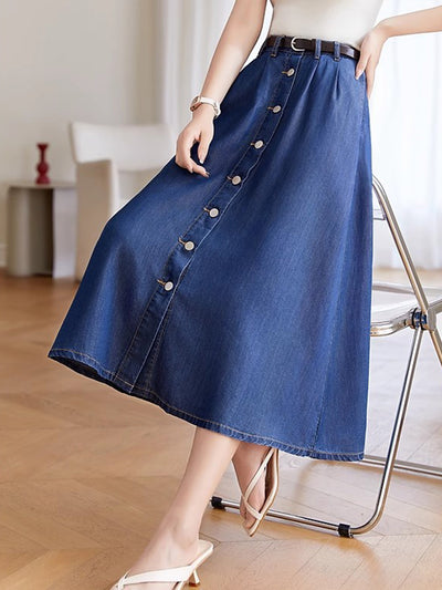 Lauren Classic Pleated Button Denim Skirt