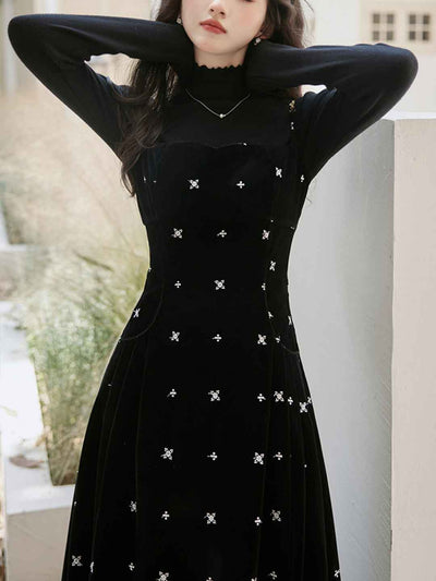 Kayla Retro Velvet Embroidered Slip Dress Two-Piece Set