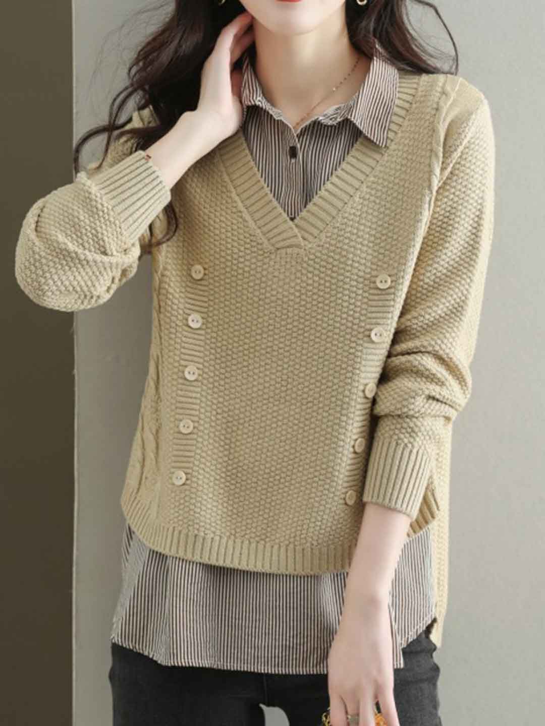 Jocelyn Loose Mock Two-Piece Striped Knitted Top