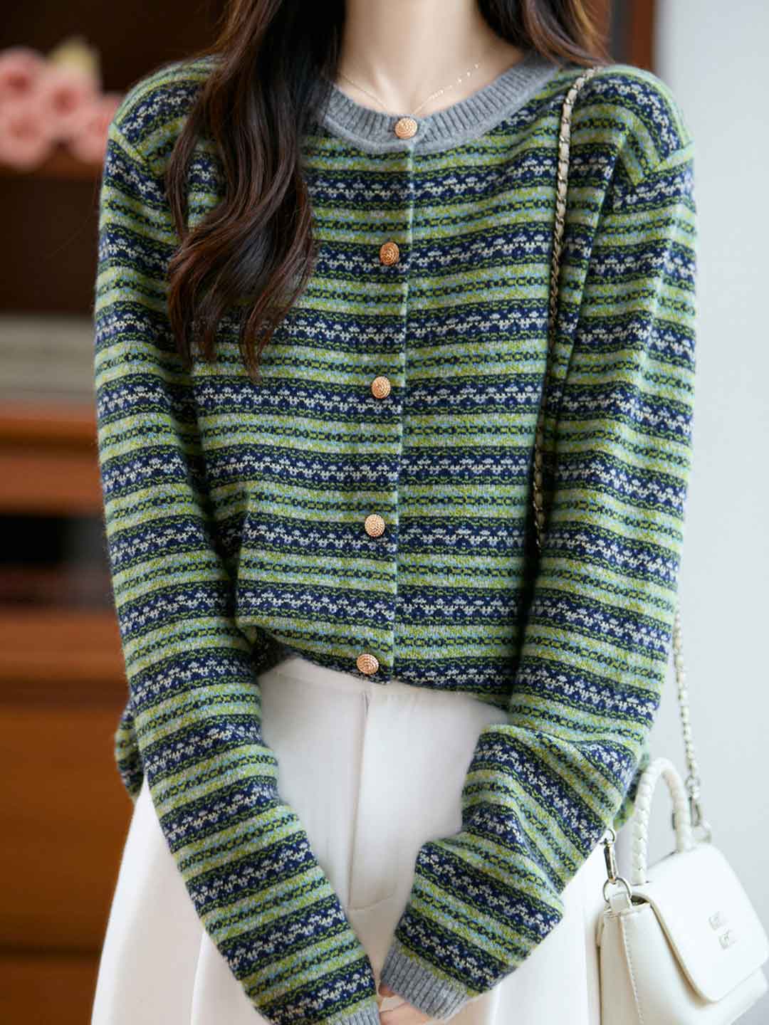 Kimberly Vintage Crew Neck Jacquard Striped Knitted Cardigan