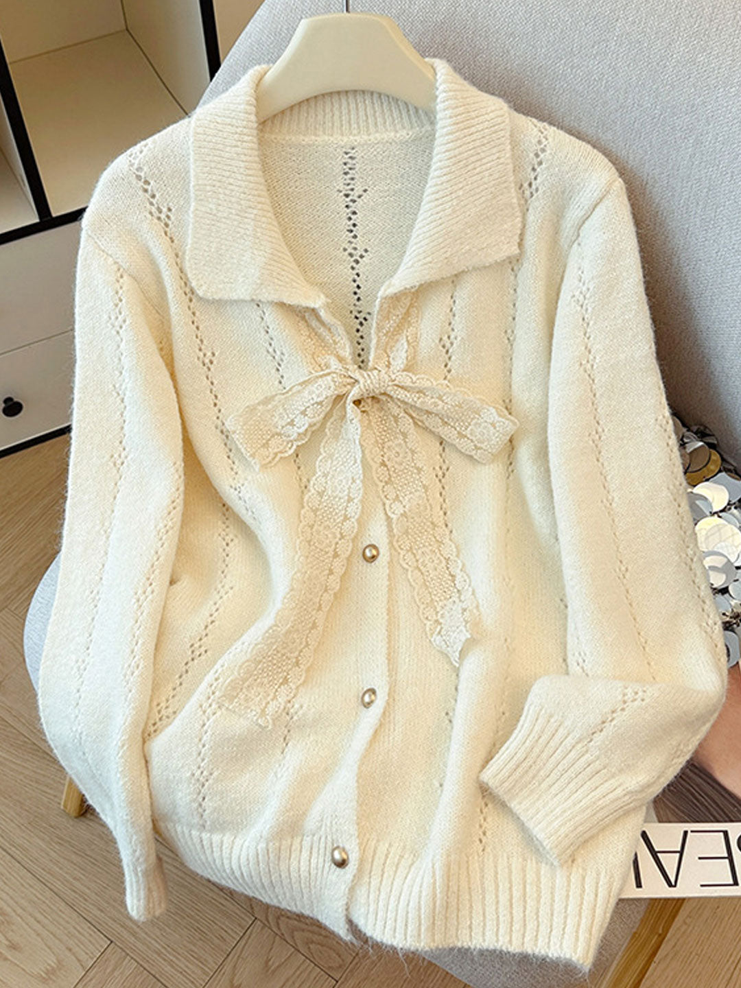 Brianna Retro Lapel Hollowed Lace Knitted Cardigan