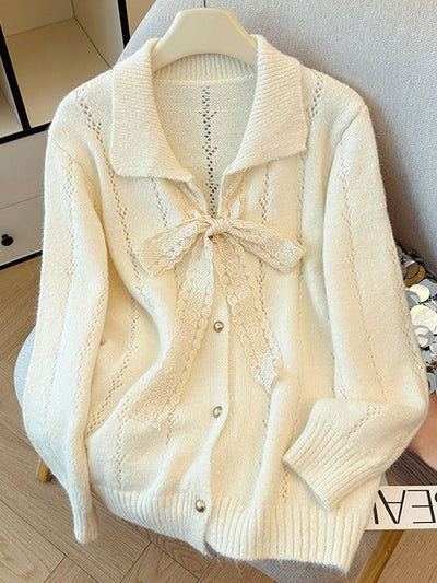 Brianna Retro Lapel Hollowed Lace Knitted Cardigan