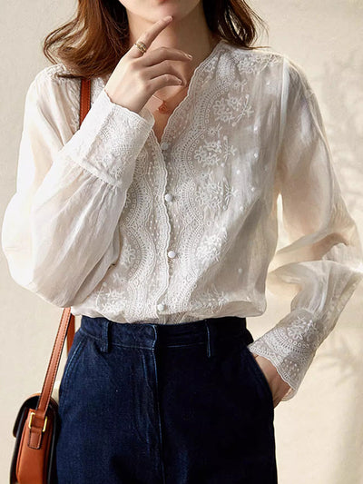 Abigail Vacation V-Neck Solid Color Embroidered Top