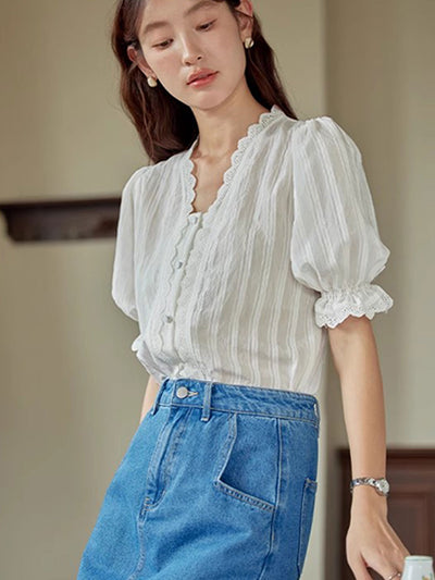 Elizabeth Retro V-Neck Puff Sleeves Lace Top