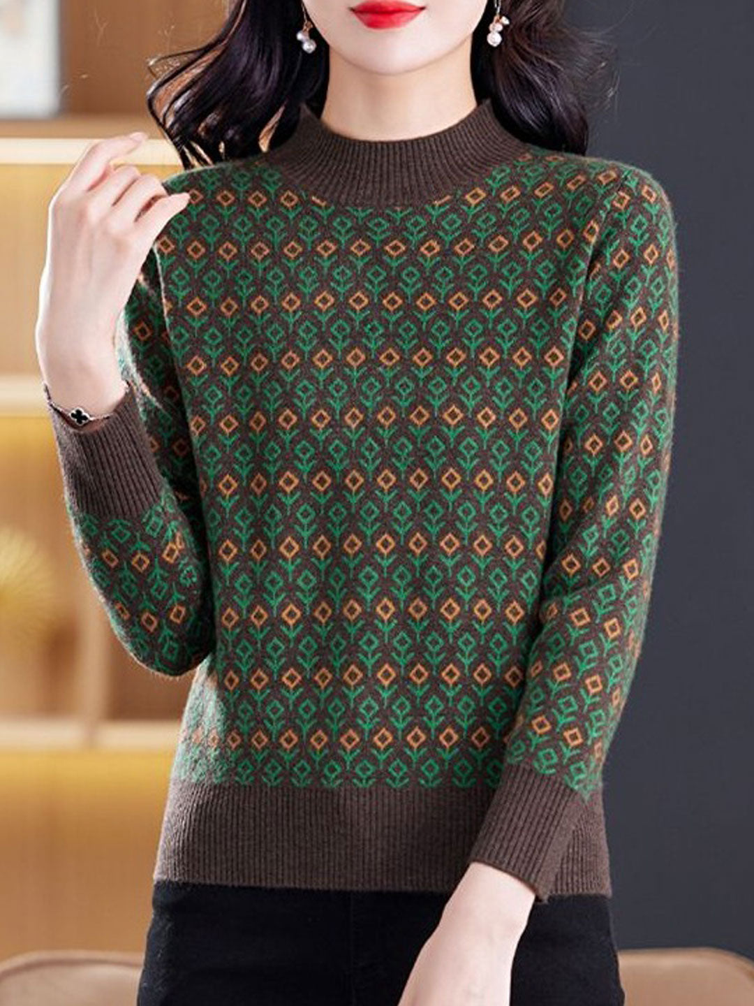 Brianna Classic Jacquard Turtleneck Knitted Sweater