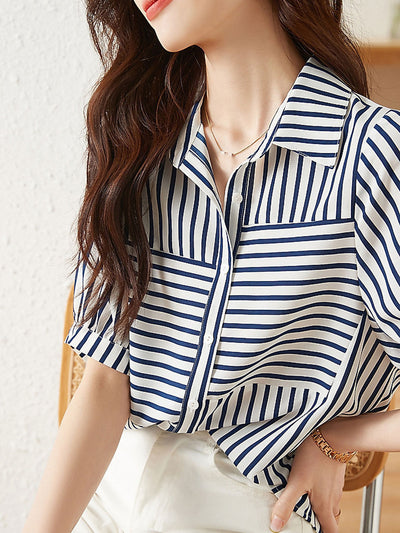 Sophia Casual Blue and White Striped Chiffon Shirt