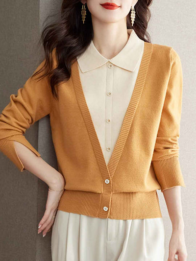 Maria Casual Lapel Mock Two-Piece Knitted Top