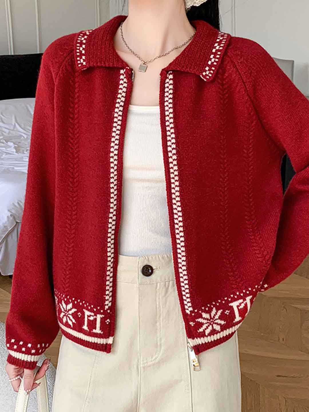 Ava Casual Lapel Jacquard Color-Block Knitted Cardigan