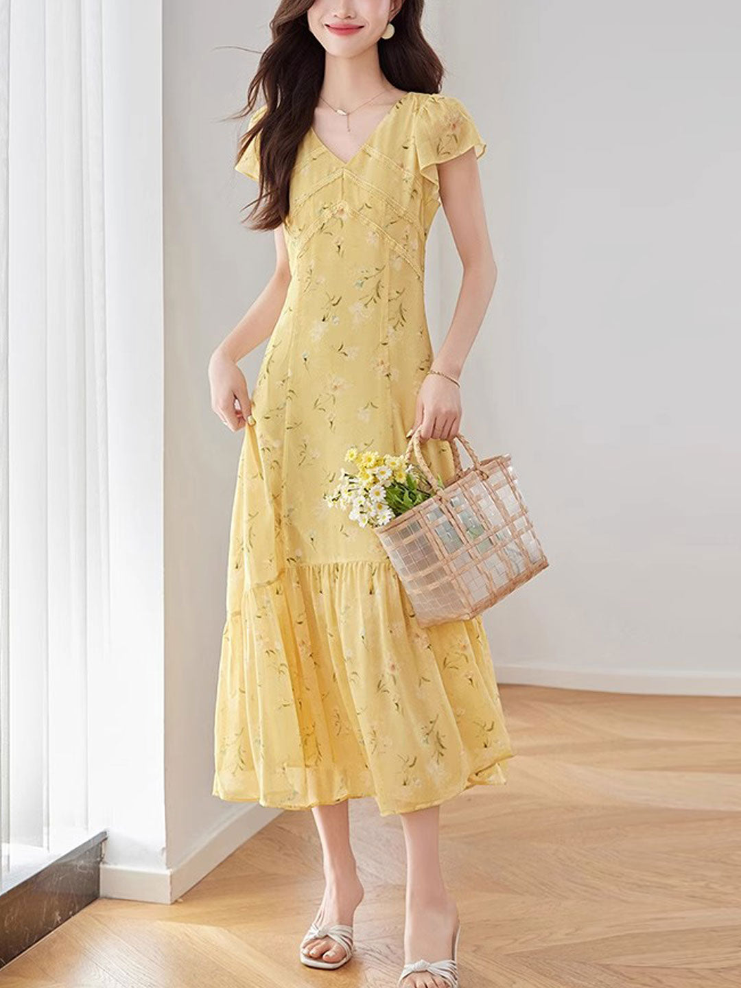 Rachel Vacation V-neck Chiffon Floral Dress