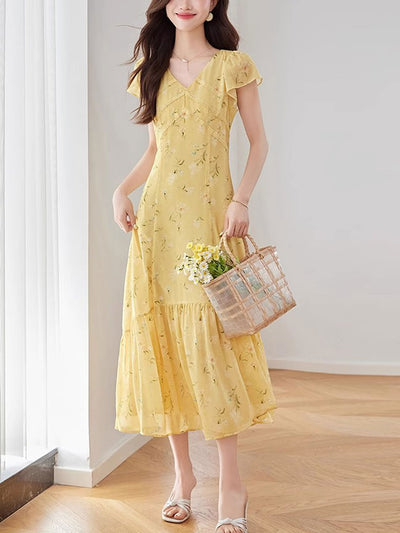 Rachel Vacation V-neck Chiffon Floral Dress
