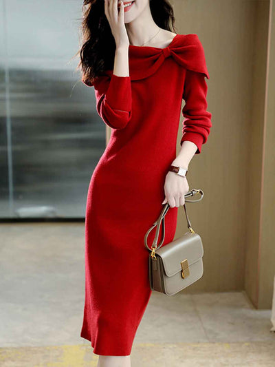 Brianna Elegant Bow Tie Solid Color Knitted Dress