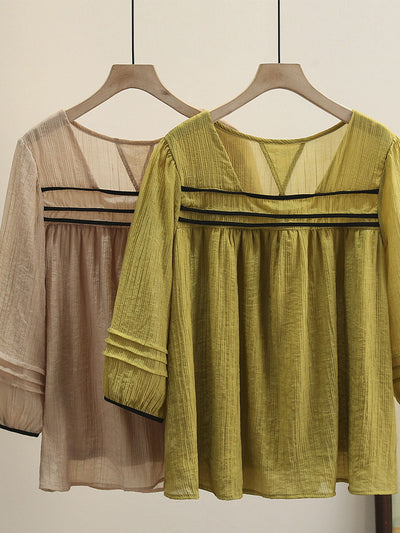 Bella Classic Back Hollowed Blouse-Khaki