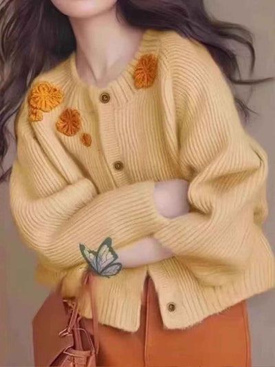 Aaliyah Classic Crew Neck Embroidered Knitted Cardigan