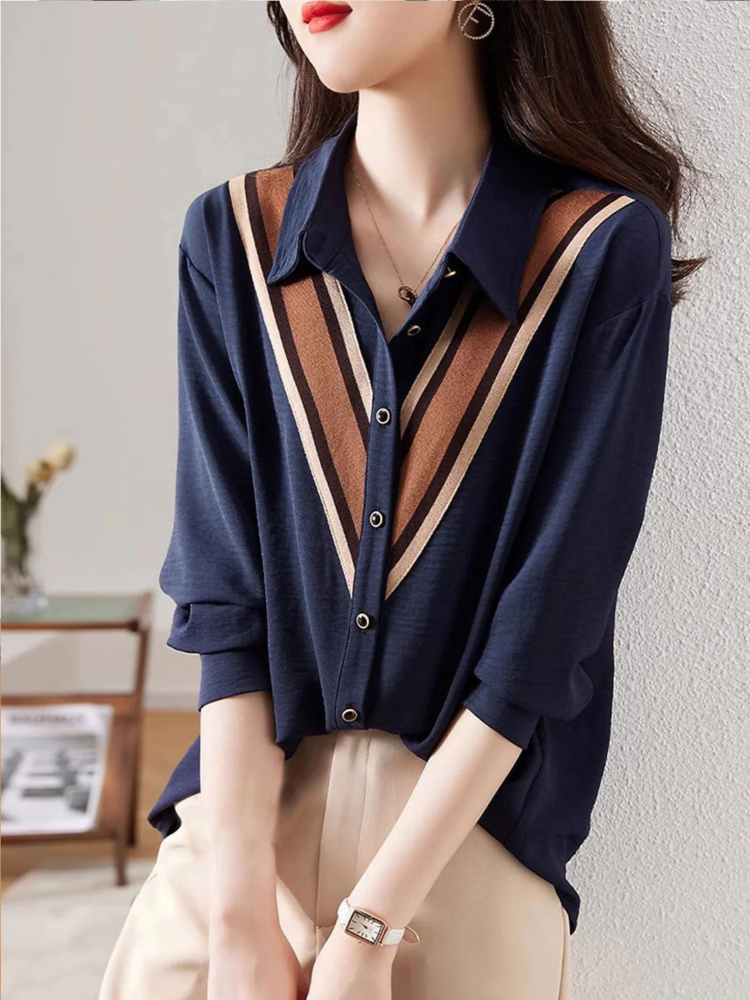 Ashley Casual Paneled Lapel Contrast Shirt