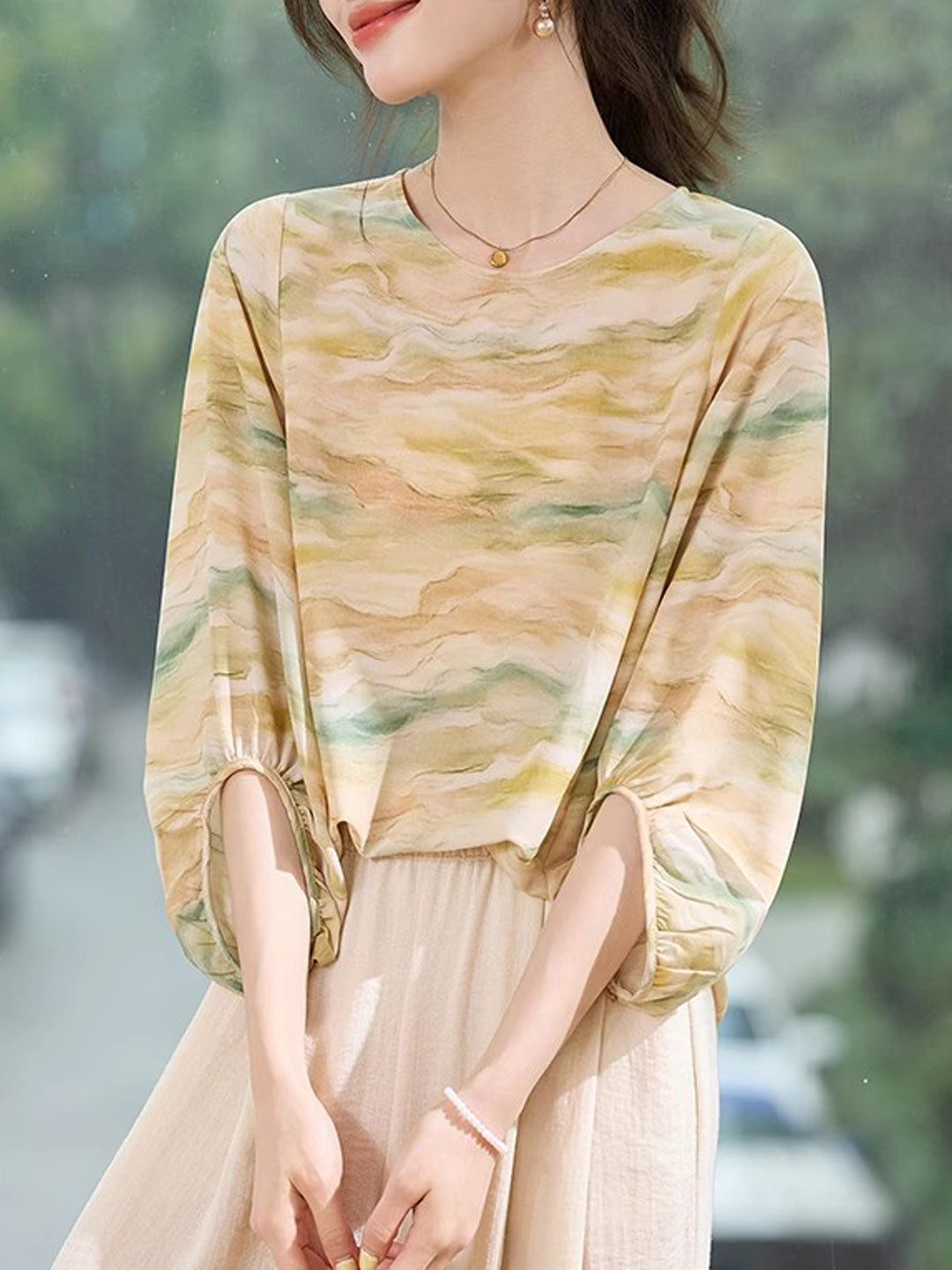 Rachel Loose Crew Neck Lantern Sleeve Chiffon Top