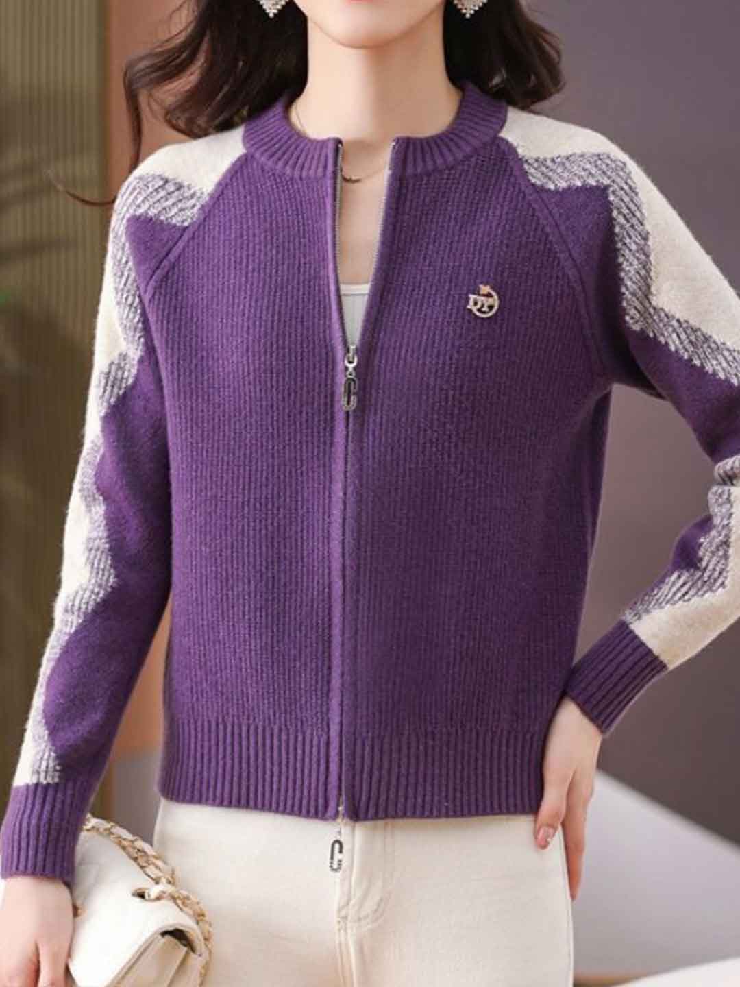 Paige Loose Crew Neck Colorblock Knitted Cardigan-Green