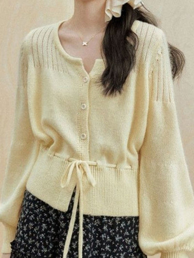 Peyton Retro Crew Neck Beaded Drawstring Knitted Cardigan