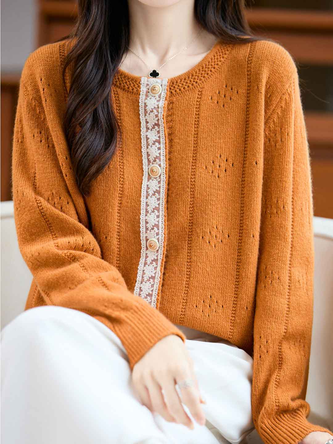 Julia Loose Crew Neck Solid Color Lace Knitted Cardigan-Orange