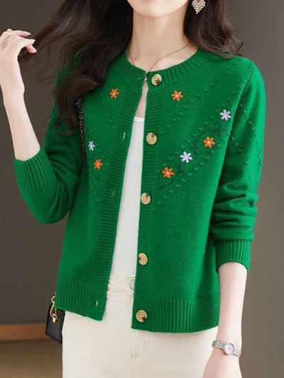 Faith Classic Crew Neck Embroidered Floral Knitted Cardigan